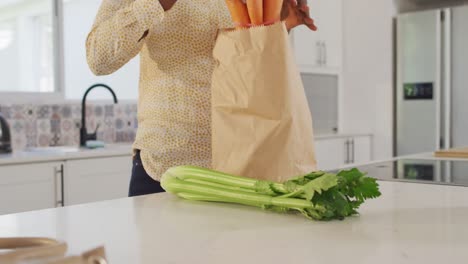 Vídeo-De-La-Sección-Media-De-Una-Mujer-Afroamericana-Desempacando-Alimentos-En-La-Cocina