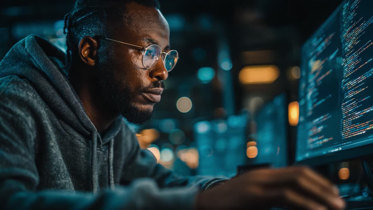 A focused programmer immerses himself in coding, surrounded by glowing screens, showcasing the depth of concentration and technology's influence on modern work