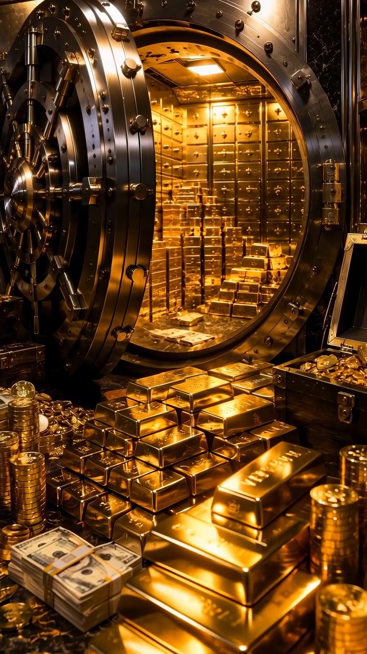 Caveau di banca aperto che trabocca d'oro. Pile di lingotti, cumuli di monete, mazzette di dollari, file di cassette di sicurezza