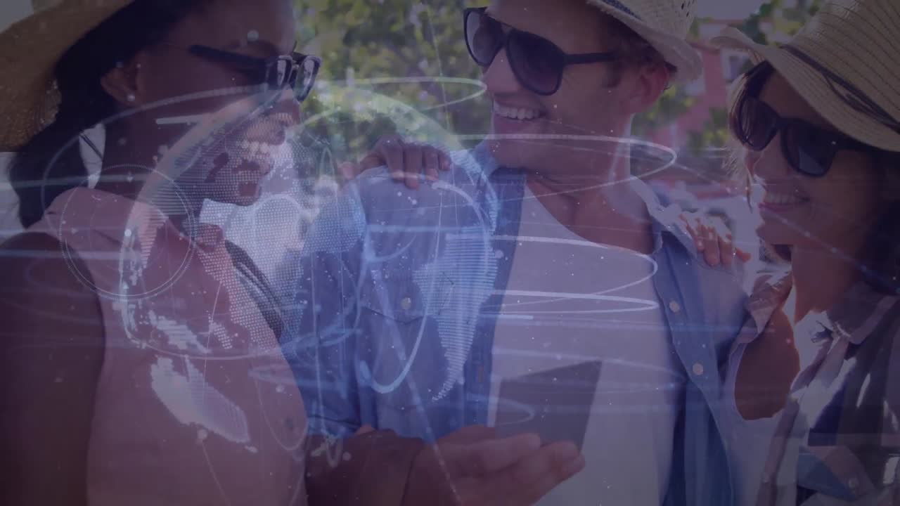 animación del procesamiento de datos con el mundo sobre un grupo diverso de demonios