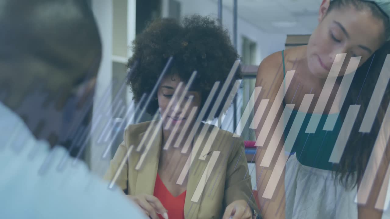 Animation of financial data processing over diverse business people in office