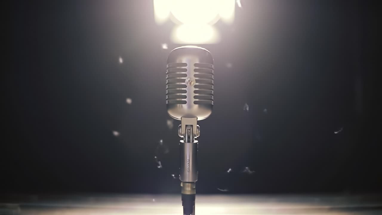 A Stunning Close-Up of a Retro Microphone Illuminated by Bright Stage Lights, Capturing the Essence of Performance and Music in an Artistic Display