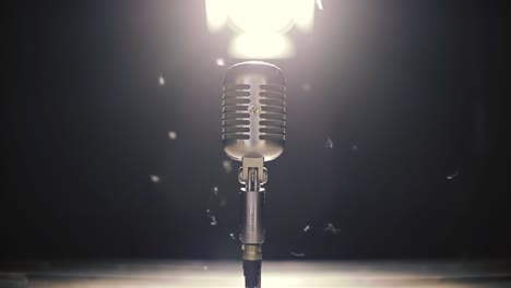 a stunning close-up of a retro microphone illuminated by bright stage lights, capturing the essence of performance and music in an artistic display