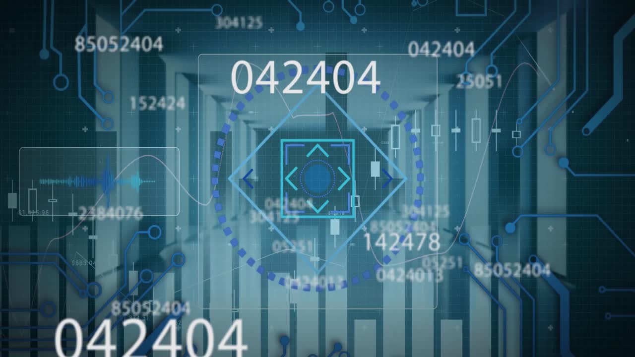 animación del escaneo del alcance sobre números cambiantes, procesamiento de datos financieros en segundo plano