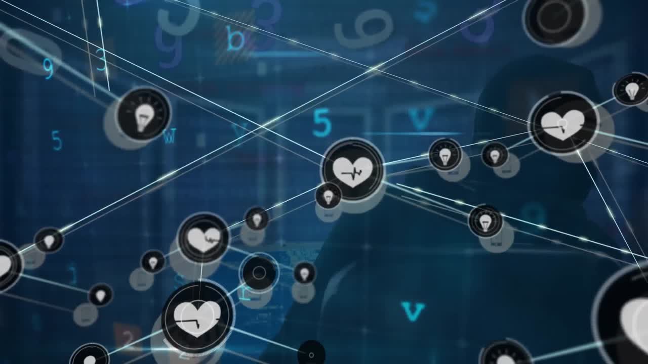 카우카스계 남성 해커와 데이터 처리에 대한 아이콘과 연결 네트워크의 애니메이션