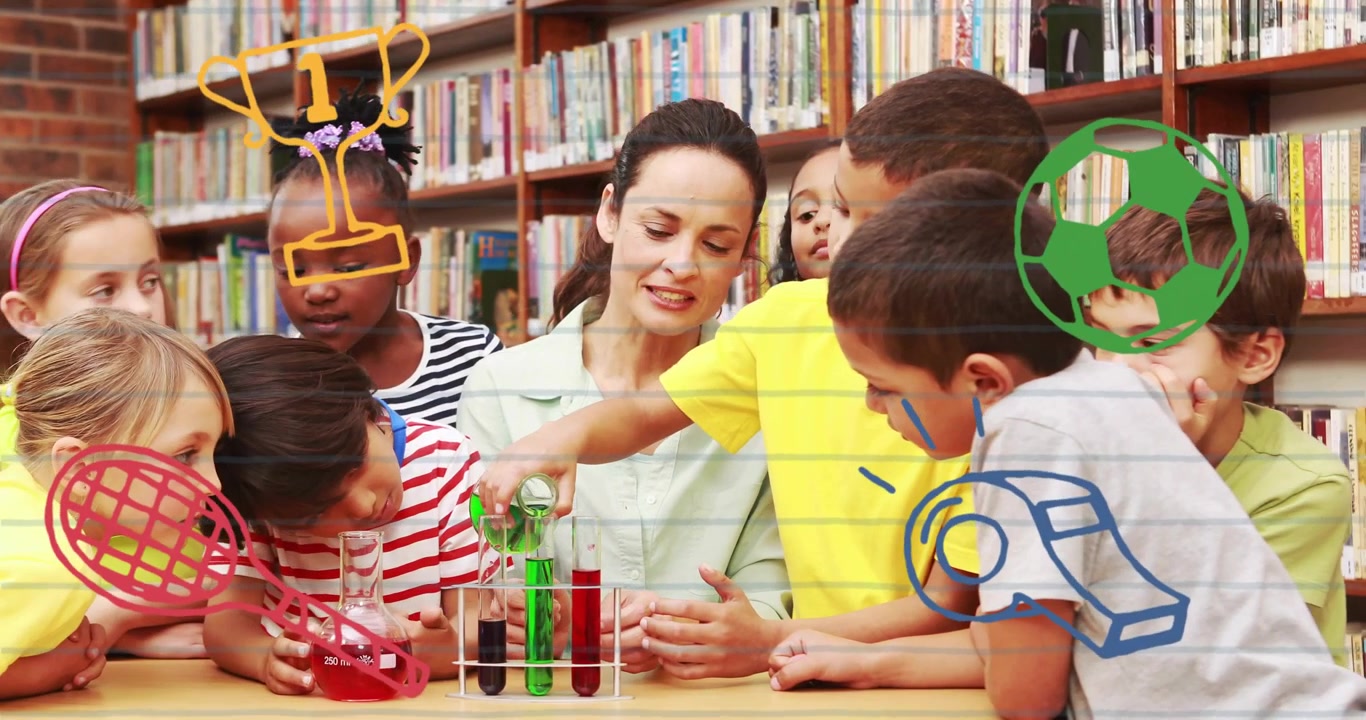 Teacher guiding class pouring green, red liquids into tube rack, doodle icons pulsing for science