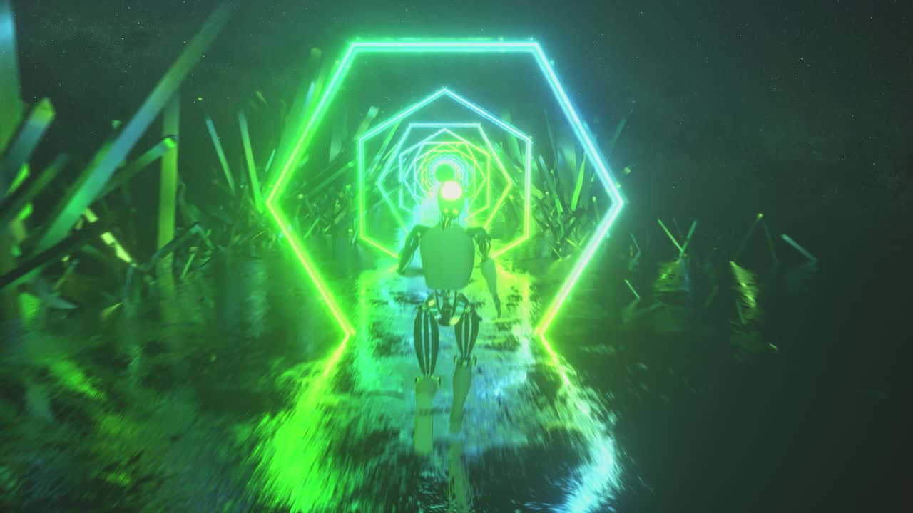 robot en un túnel futurista verde neón