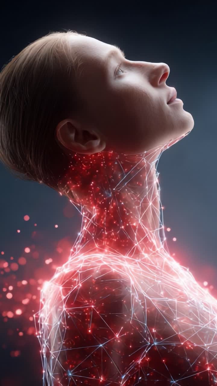 Una figura umana luminosa con connessioni astratte: illuminare la bellezza della tecnologia e della natura in una straordinaria rappresentazione visiva
