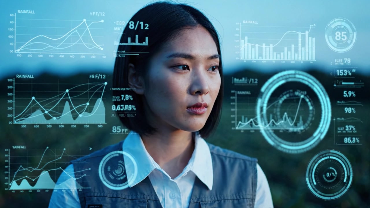A focused woman gazing thoughtfully into the distance as she analyzes data overlaying the serene landscape, embodying the intersection of nature and technology.