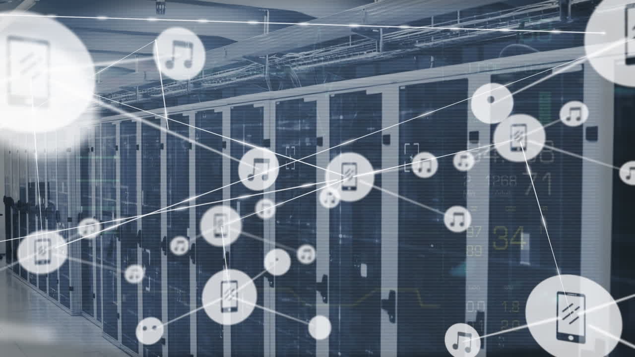 Animation of network of connections with icons and data processing over server room