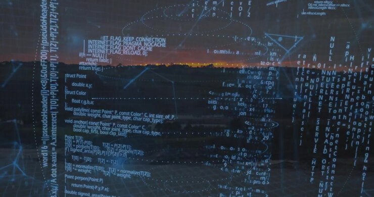 Futuristic Digital Interface with Code and Network Sphere