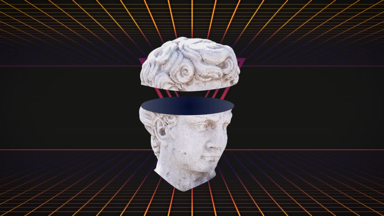 검은색 배경에 그리드 위에 고대 절단 된 머리 조각의 애니메이션