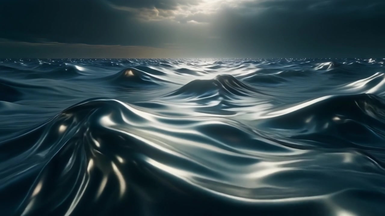 Abstrakcyjne metaliczne fale oceanu pod dramatycznym burzowym niebem.