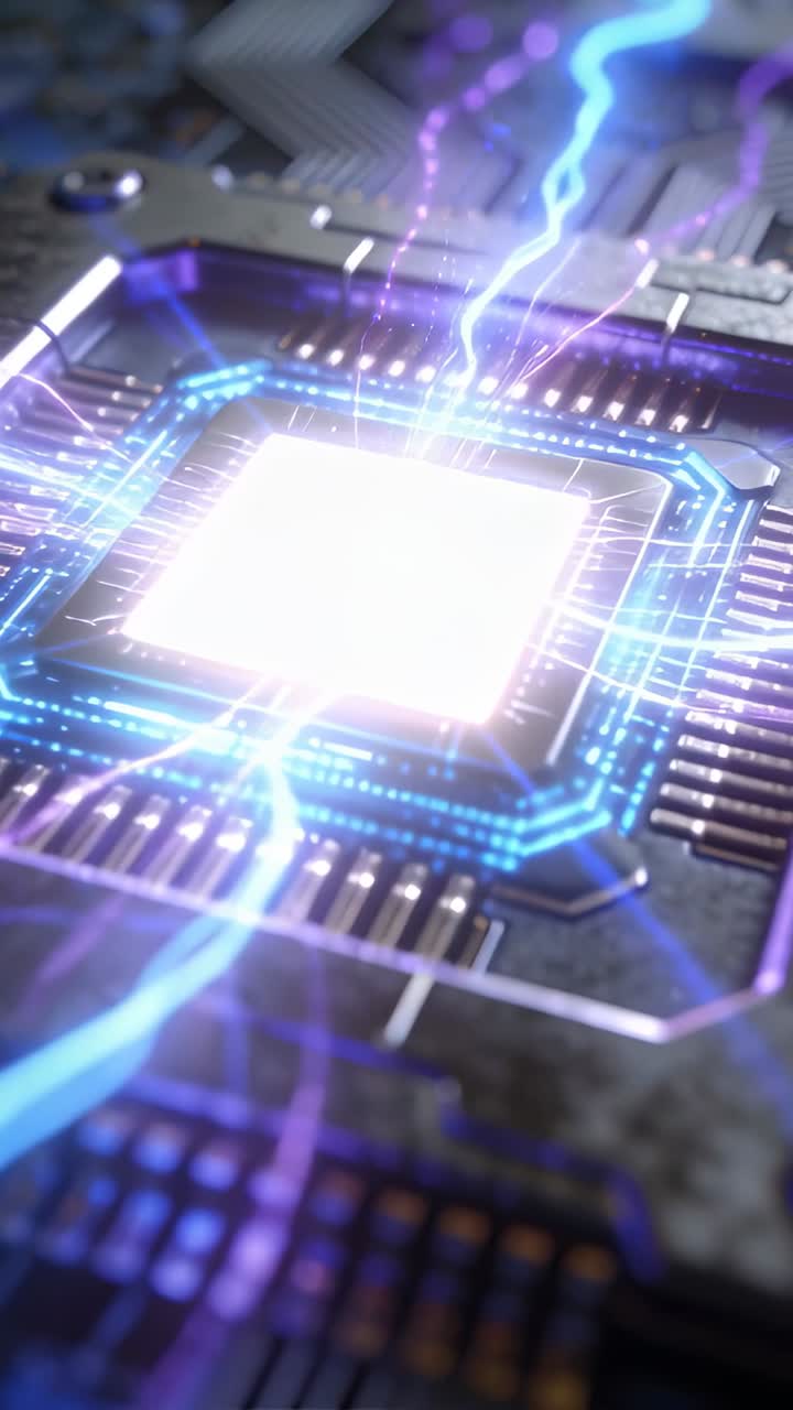 Il die di un chip si accende, il nucleo si illumina, tracce blu si accendono, archi viola danzano, segnalando l'attivazione.