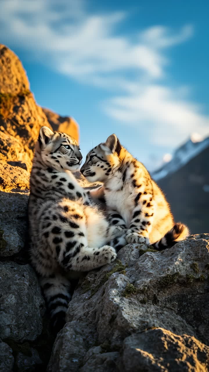 Adorabili cuccioli di leopardo delle nevi che si coccolano nel loro habitat montano
