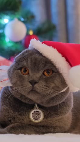 A Cat in a Santa Hat Relaxes by a Cozy Christmas Tree a Cat with a Santa Hat Relaxes in front of a Decorated Christmas Tree where the Warm Glow of Lights Creates a Cozy Holiday Atmosphere