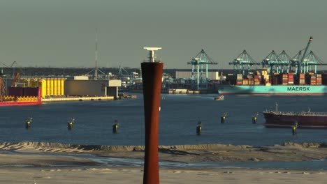 port scene with container ships and oil rig