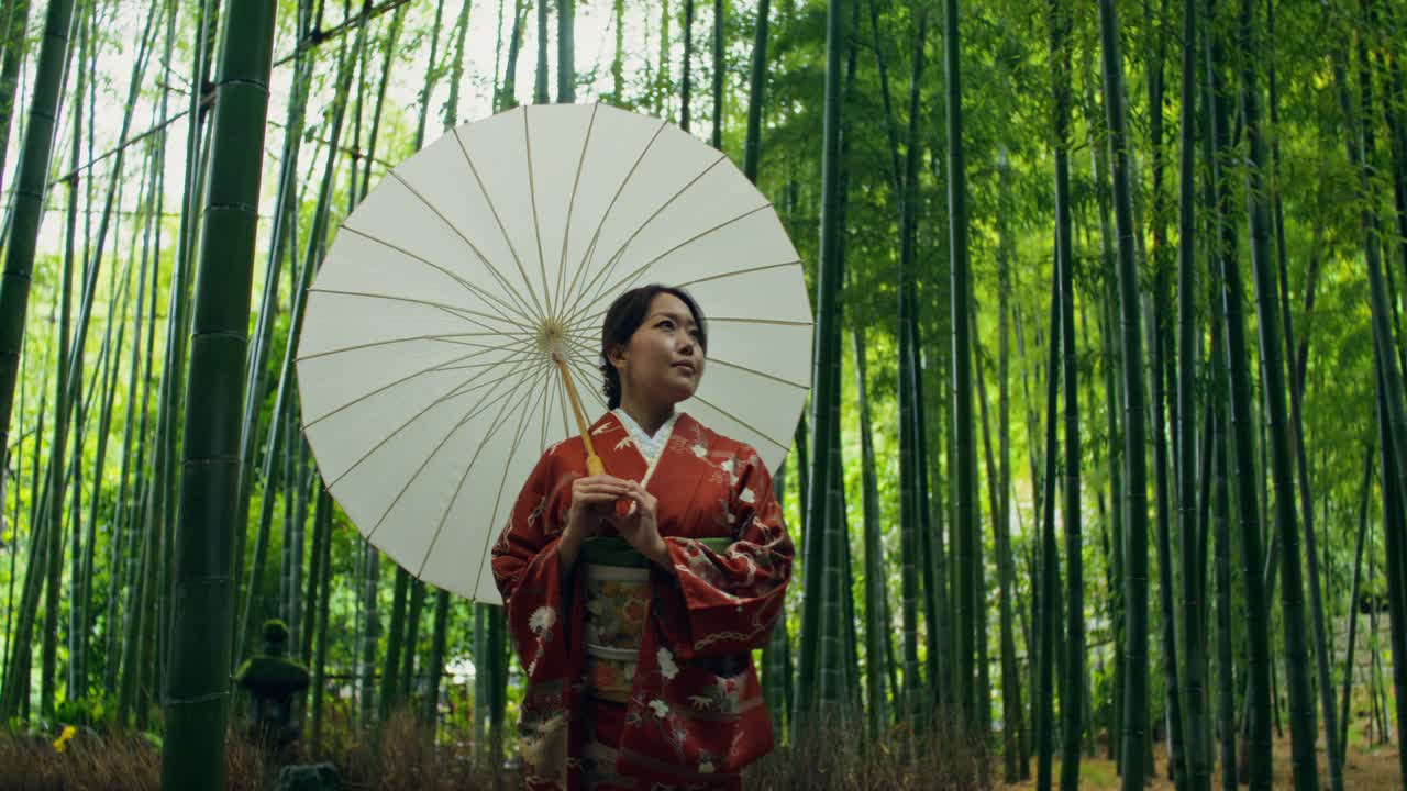 Woman in Kimono in a Bamboo Forest
