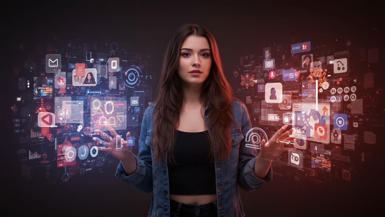 A young woman stands confidently in front of digital interfaces displaying a variety of icons and symbols representing modern technology and social media engagement