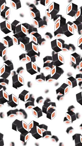 sushi maki rolls cascade dynamically against a white backdrop, creating a playful and vibrant visual experience