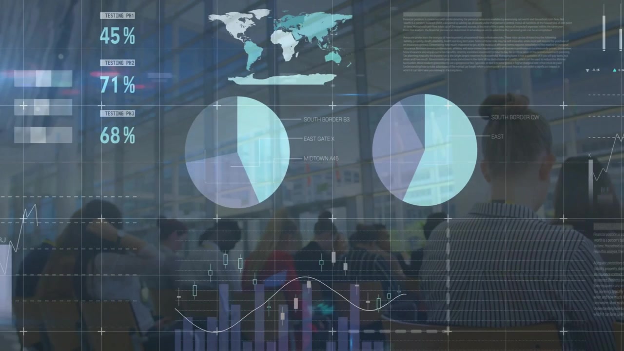 Conference showing woman in striped blazer viewing floating charts and graphs in flat design render