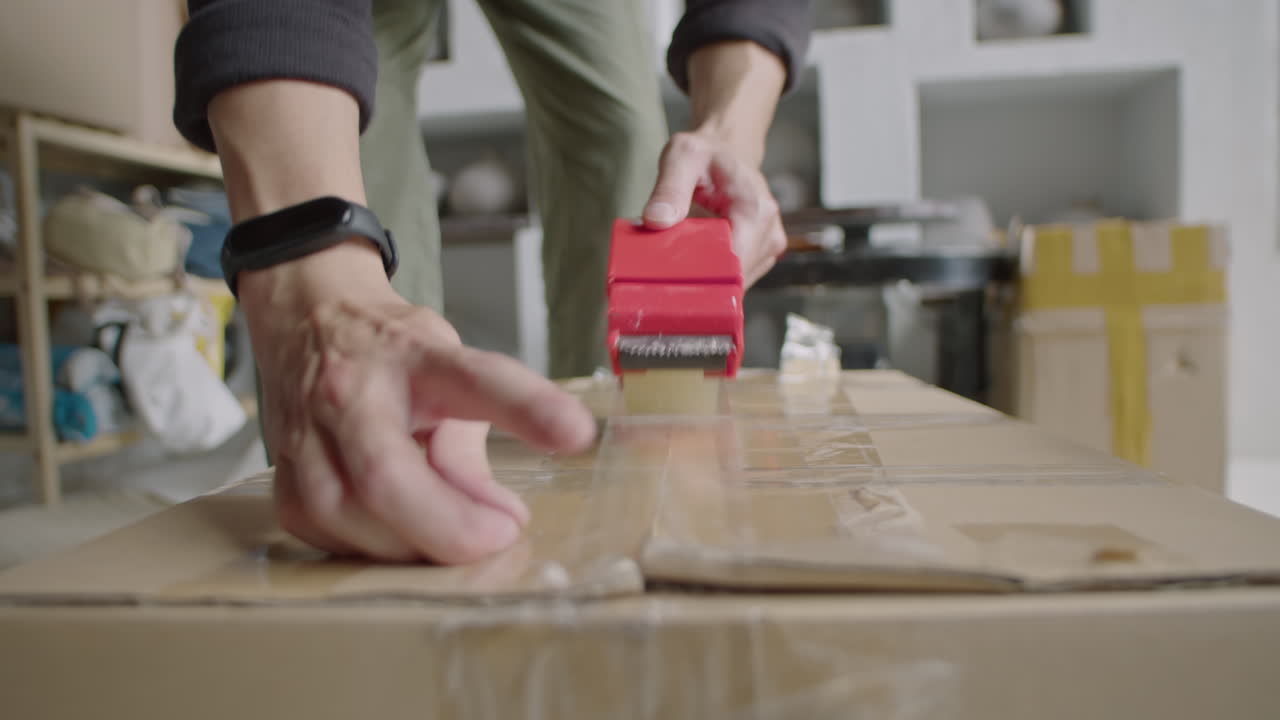 Asian Ceramist Sealing Box with Stuff in Pottery Workshop