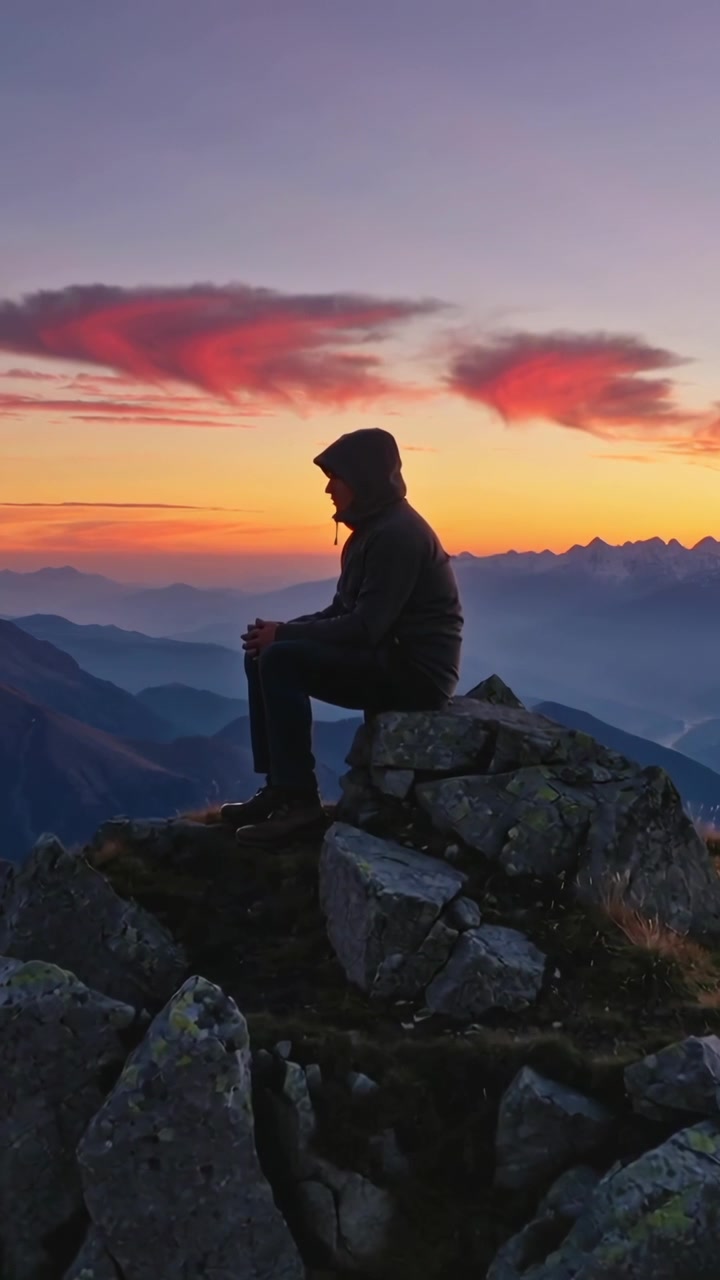 Video verticale: Al tramonto, un escursionista incappucciato è seduto su una cima rocciosa, osservando nuvole rosse sopra le creste.