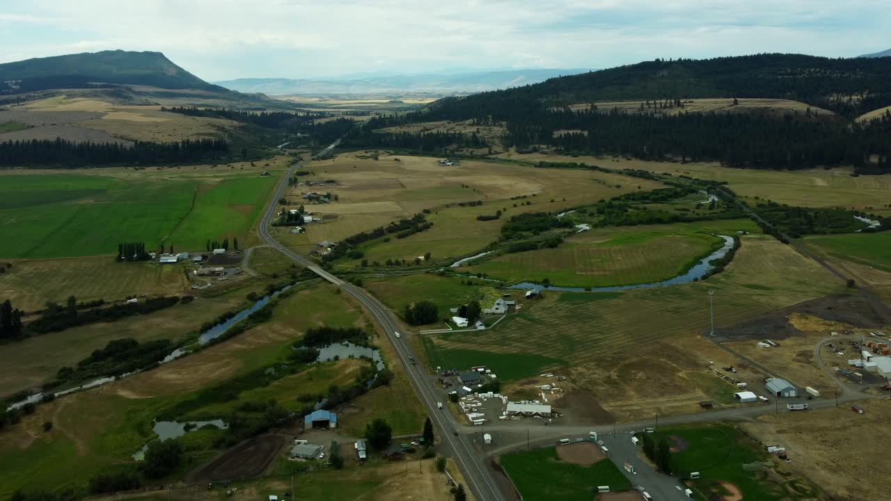 US, Oregon, Elgin, 2025-08-07 - Drone view of the city in Summer