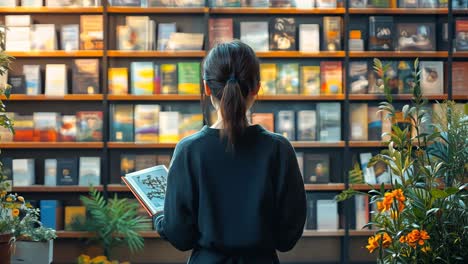 exploring a cozy bookstore filled with colorful books and plants