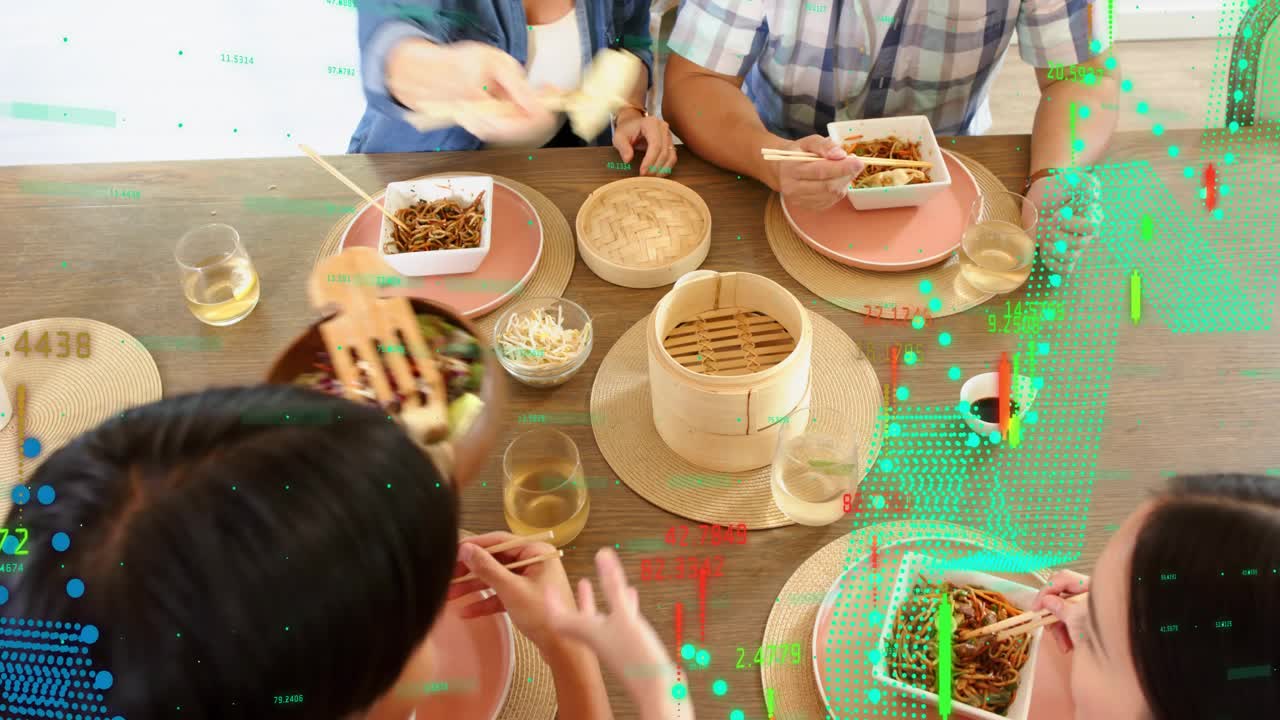 Top-left woman opening steamer and serving noodles while group eating, data overlays showing dining