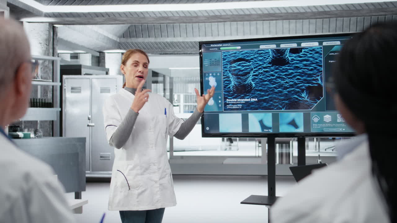 Esperto di biotecnologie in laboratorio che presenta un innovativo progetto di sequenziamento del DNA.