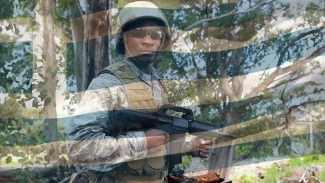 composición digital de ondear la bandera de grecia contra contra soldado con un arma en el campamento de entrenamiento