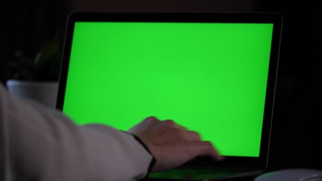 hands in white shirt types on keyboard, pointing with finger a text on green screen on a laptop screen, continuing typing