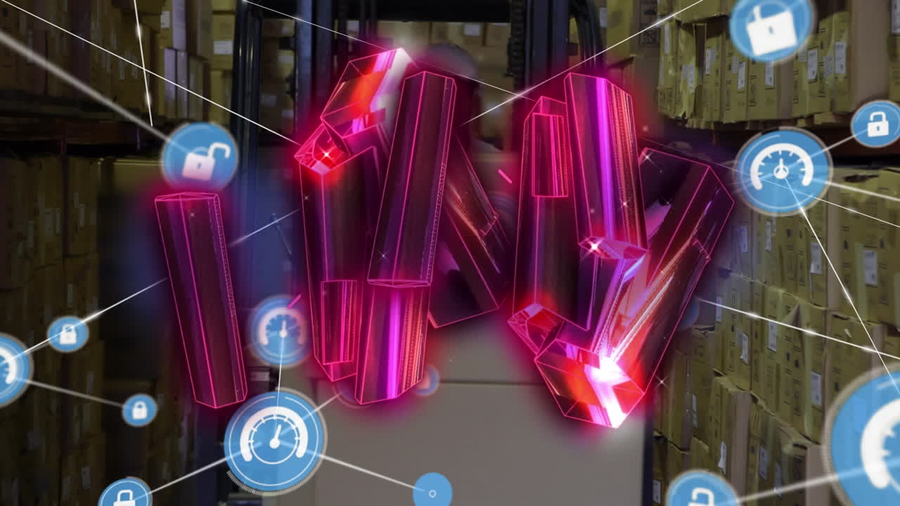 창고에서 일하는 사람 위에 아이콘과 연결의 분홍색 블록과 네트워크의 애니메이션