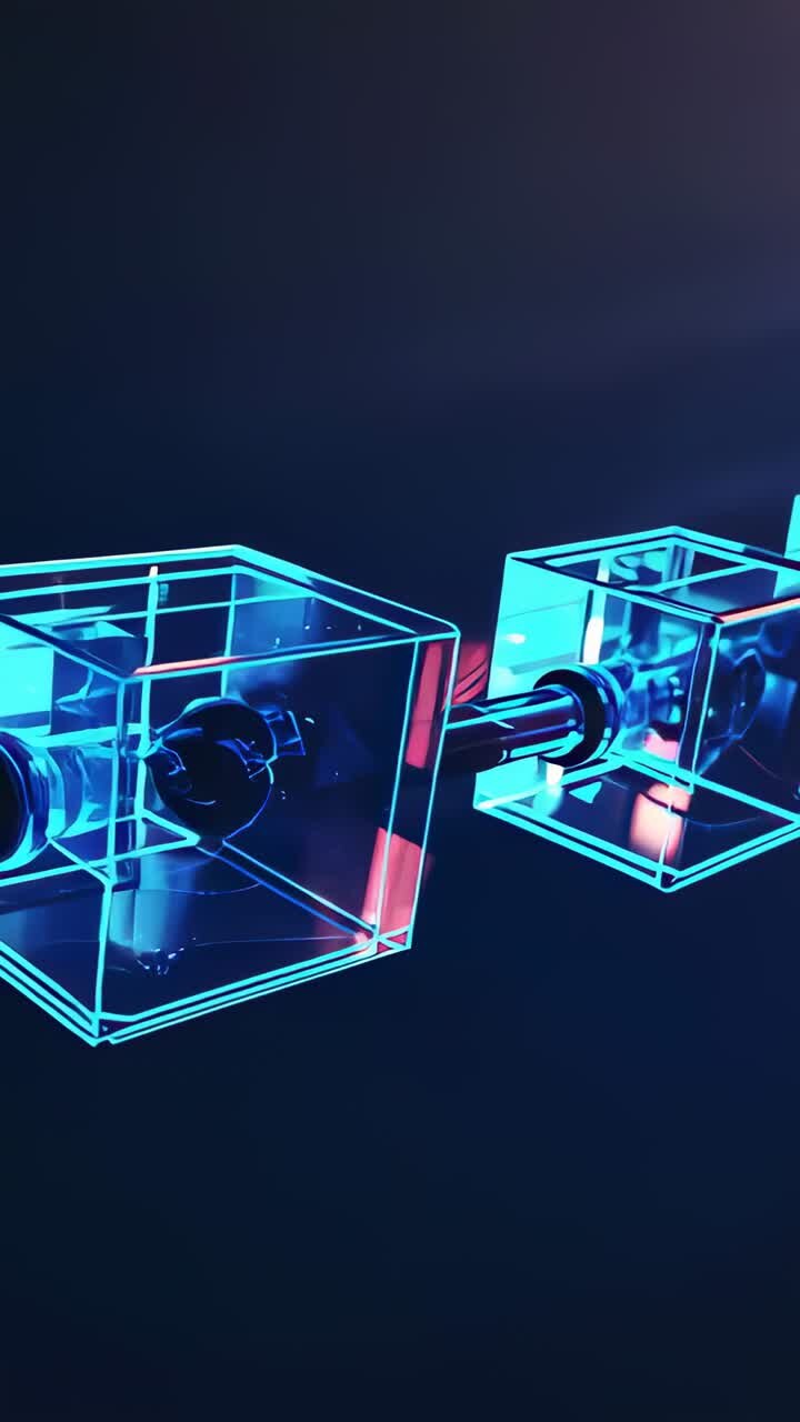 Vertical video: At start rotating neon blue cubes sliding apart on rod revealing small cube in void