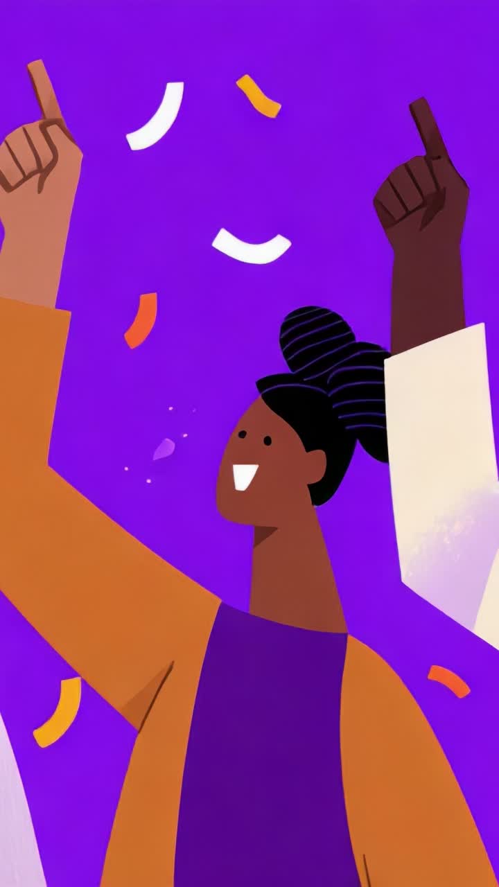 Celebration and Joy: Animated Characters Uplifted with Confetti and Colorful Backgrounds, Expressing Happiness and Unity Through Their Cheerful Gestures