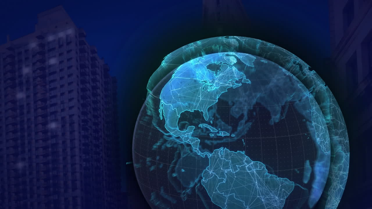 Animation of globe and network of connections over cityscape