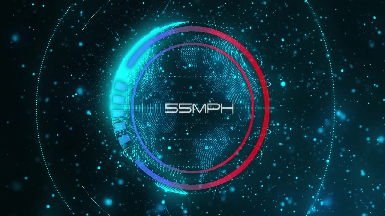 Animation of speedometer over globe and light spots on black background