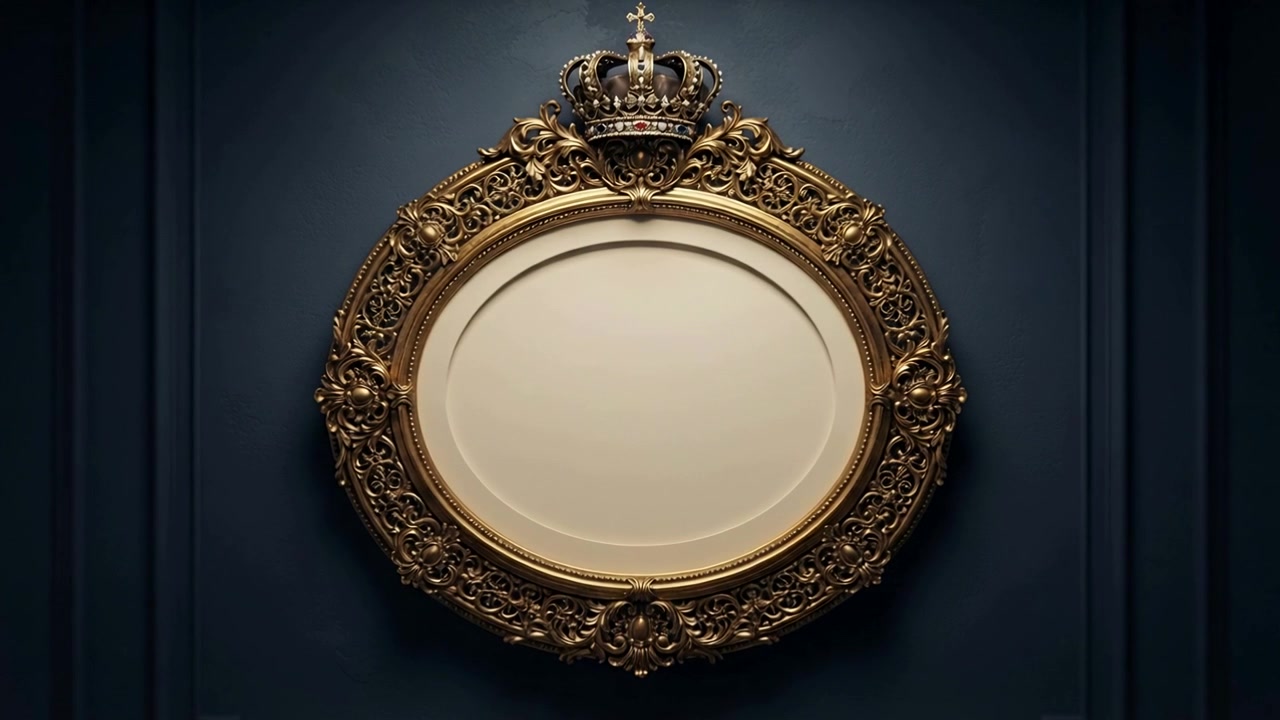 Telecamera che zooma rivelando una cornice ovale in filigrana dorata e ornata su una parete scura, con la luce che sale a rivelare una corona