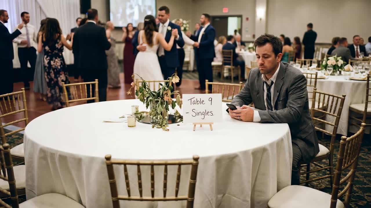 Song starting, dancing at reception as gray-suited man holding phone at Table 9-Singles, copy space