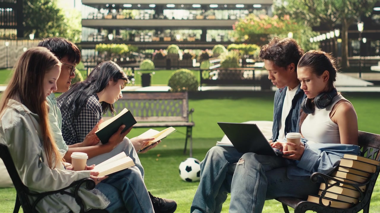 Group of students reading notes for project with classmates on campus