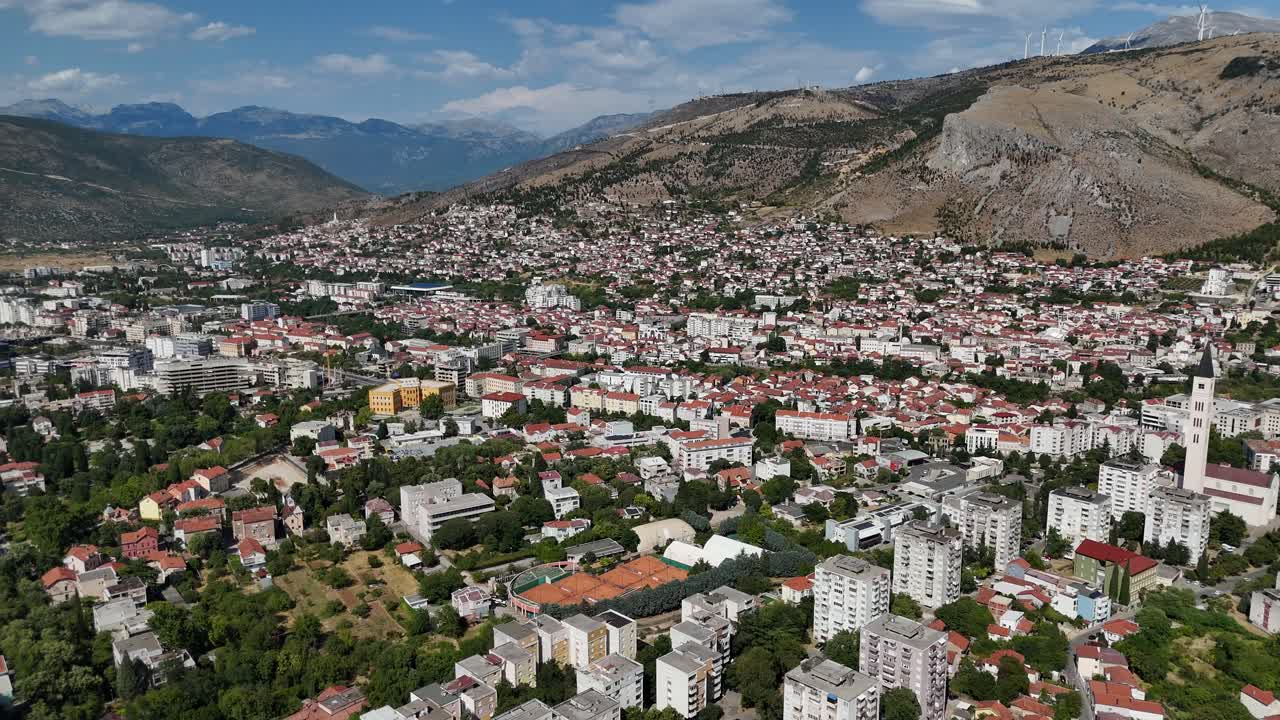 Aerial drone view of Mostar town city bosnia and herzegovina balkan country balkans old bridge Neretva River Stari Most summer july