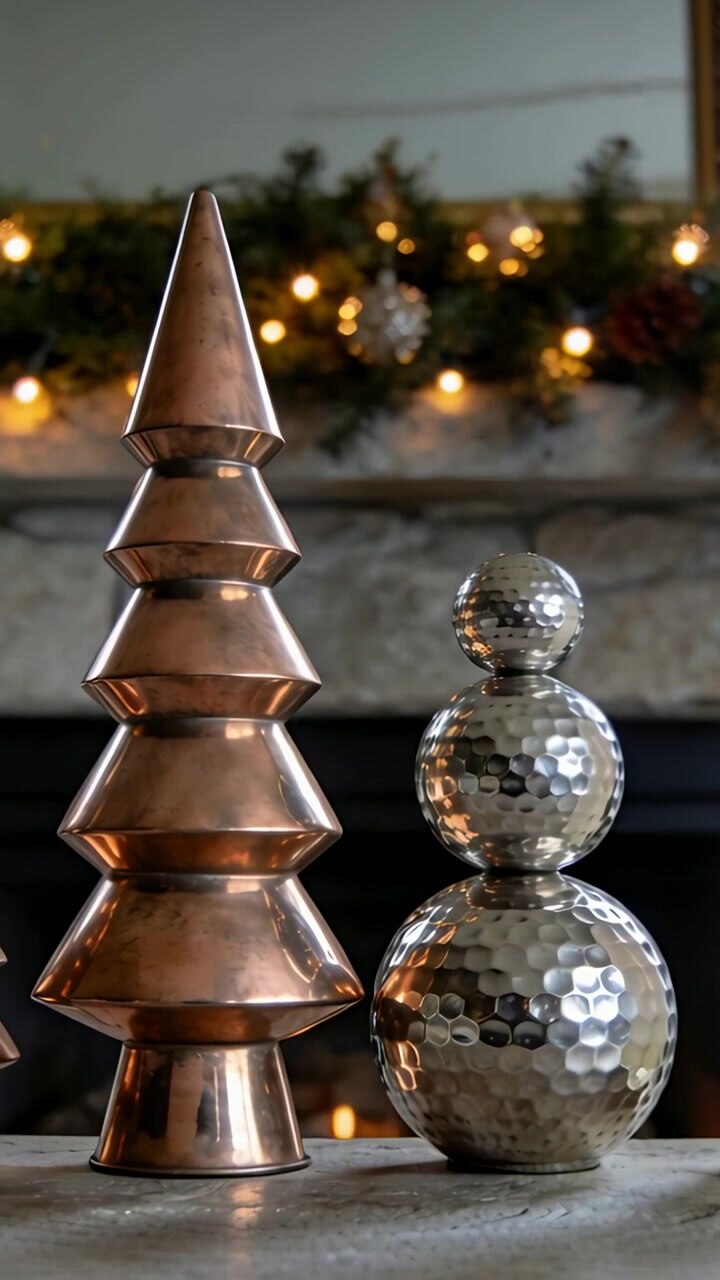 Vertical video: Tight shot causing camera panning, revealing mantel with copper tree