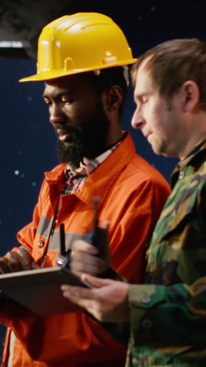 Vertical Video Soldier perform escort duty with walkie talkie on maritime vessel
