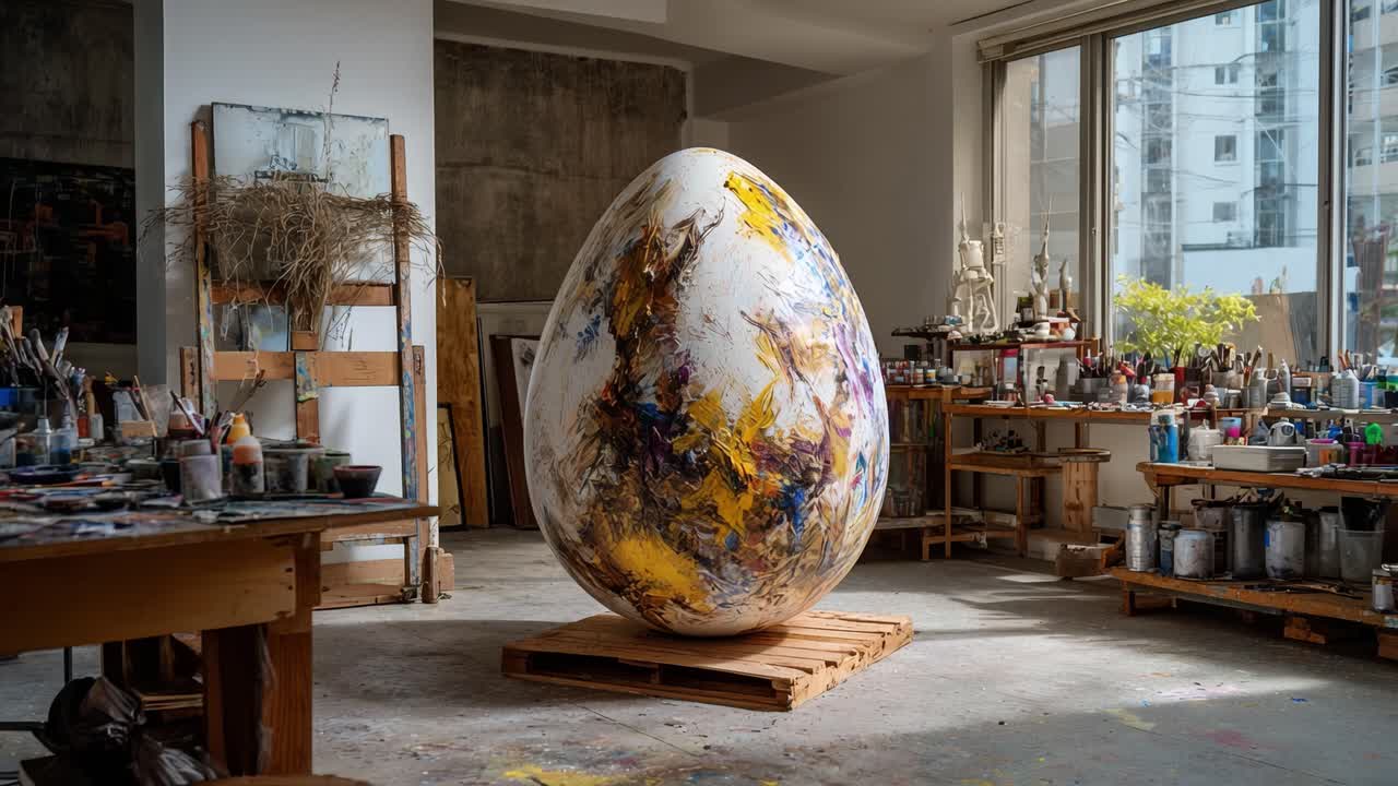 A Vibrantly Painted Egg Sculpture Standing in an Artistic Studio Surrounded by Creative Tools, Brushes, and Various Art Supplies, Showcasing an Expression of Creativity