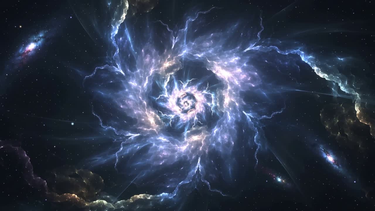 Nebulosa a spirale luminosa e rotante che estende i bracci e il nucleo incandescente mentre i fotogrammi avanzano su un campo stellare.