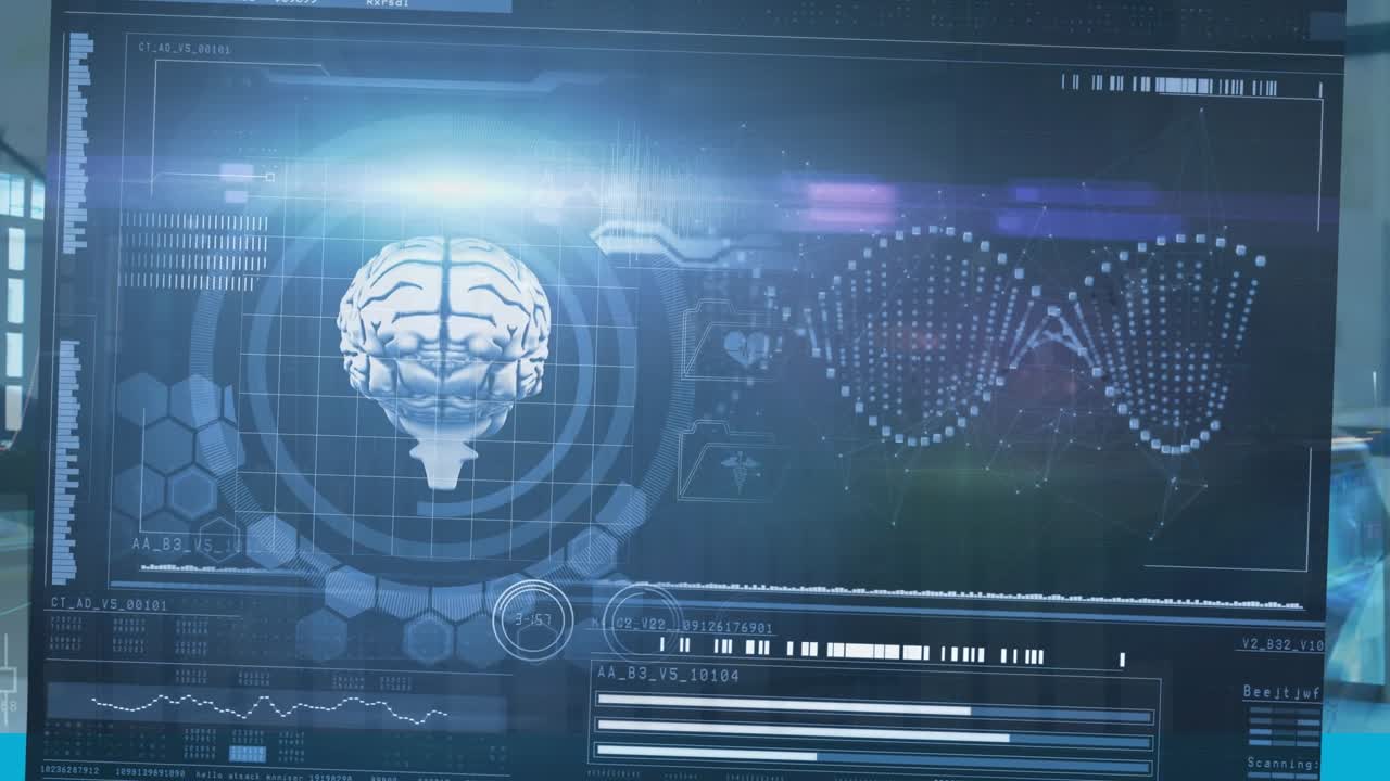 Animation of financial graphs and data over screen with biological data