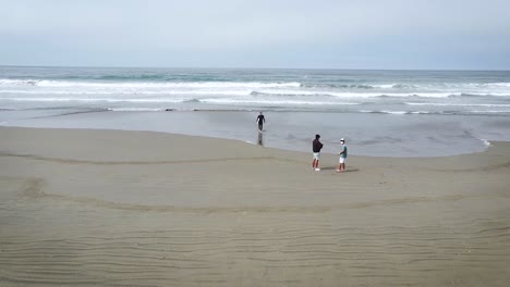 Surfista-Saliendo-Del-Océano-Y-Dirigiéndose-Hacia-Sus-Amigos