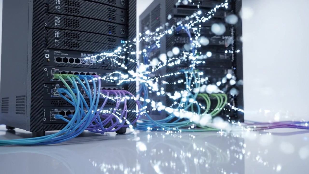High-Tech Data Center Servers with Colorful Cables and Glossy Reflection Enhancing Digital Connectivity in a Modern, Minimalistic Environment