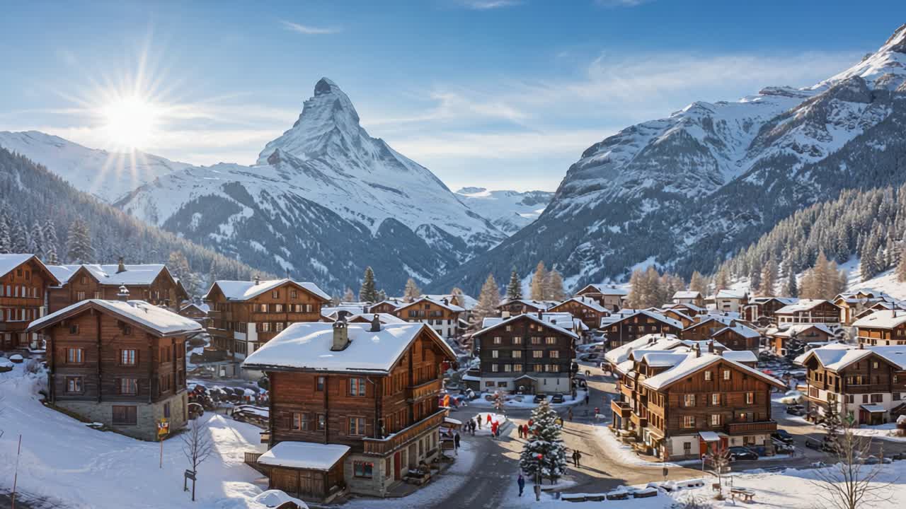 Breathtaking Winter Landscape: Snow-Covered Village Nestled in Majestic Mountains at Dawn with a Stunning View of Peak and Sunlight Over the Snowy Terrain